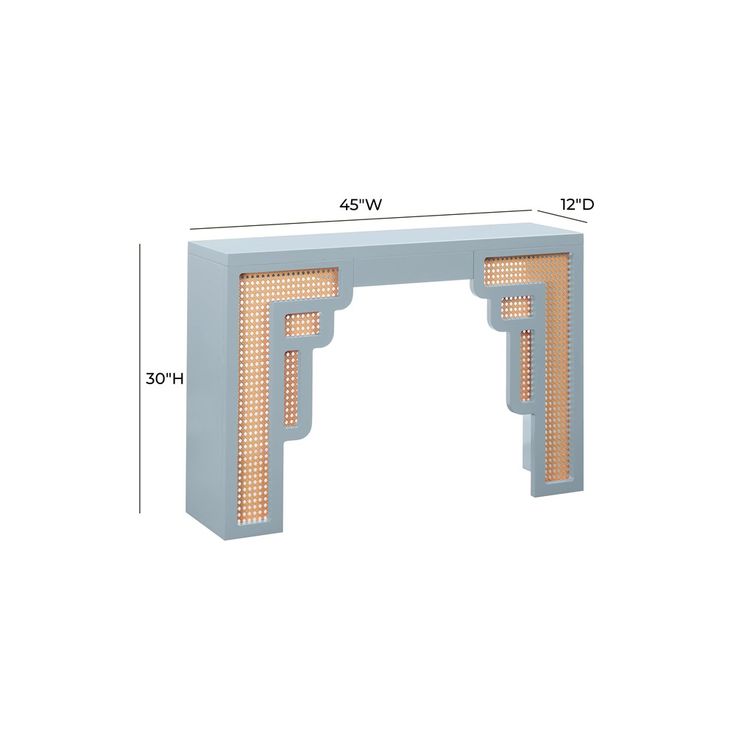 an arch shaped table with the measurements for each side and top, shown in light blue