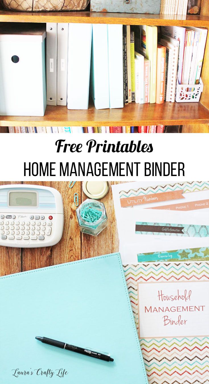 there is a binder and some books on the shelf with text overlay that says free printables home management binder