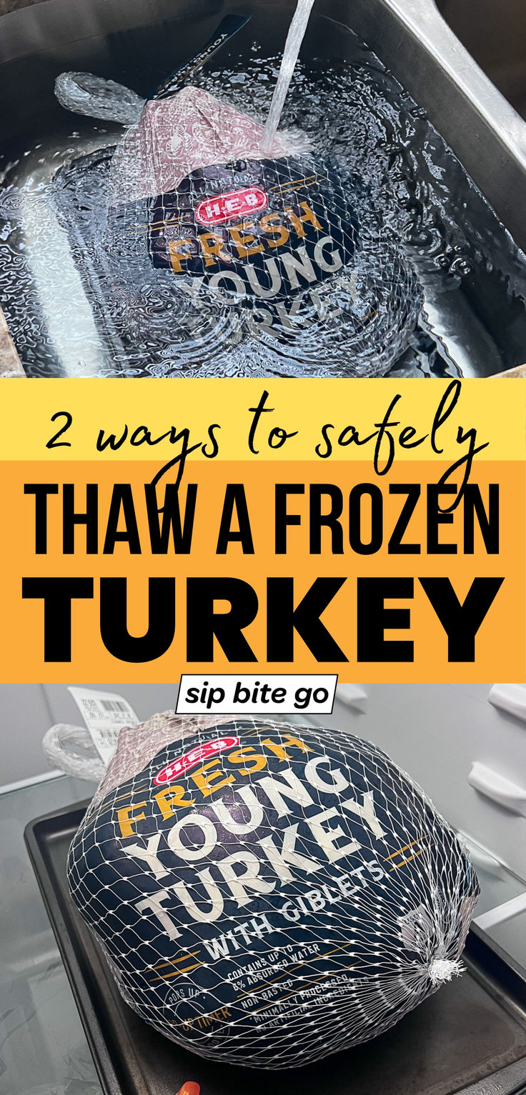 Tips For Thawing A Turkey with text overlay and two examples Defrost Turkey Frozen Quickly, How Long Do You Cook A 20lb Turkey, How To Cook A Frozen Turkey, How Many Days To Thaw A Frozen Turkey, When To Unthaw Turkey, How To Defrost A Turkey Frozen, Thaw Turkey Frozen, How Long Does It Take To Thaw A Turkey, How To Thaw A Turkey Quickly