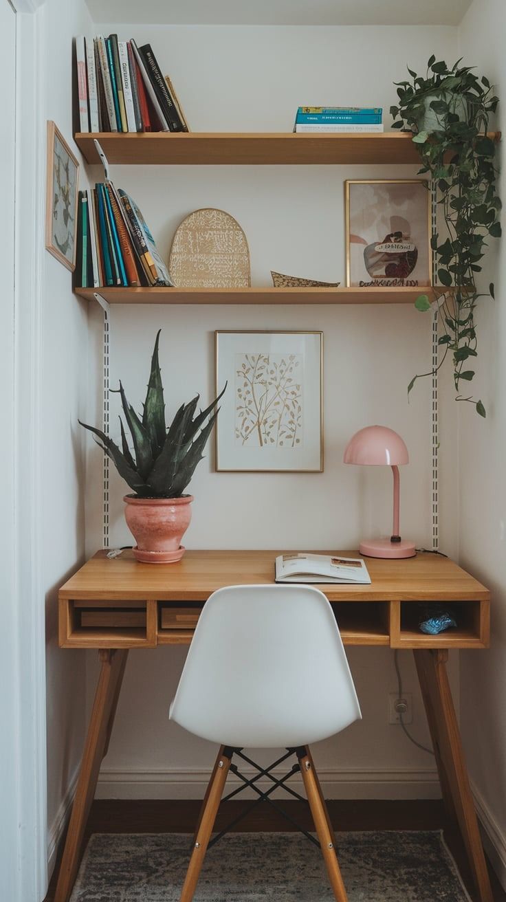 a wooden desk topped with a white chair next to a shelf filled with books and plants