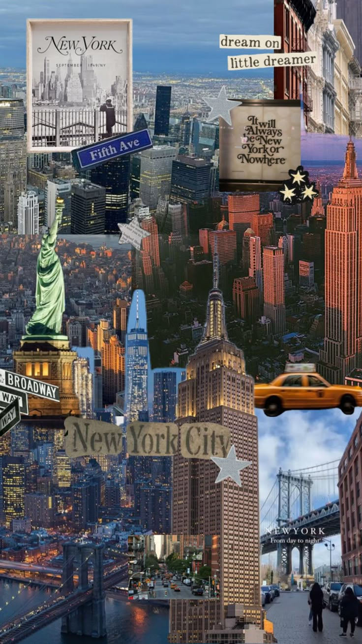 a collage of new york city with the statue of liberty