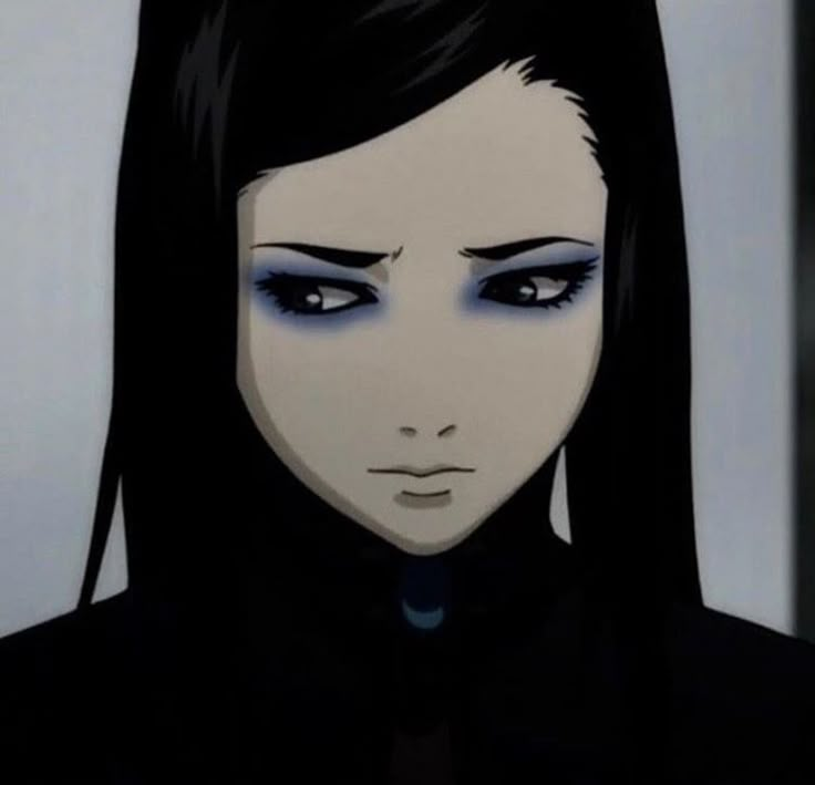 an anime character with black hair and blue eyes