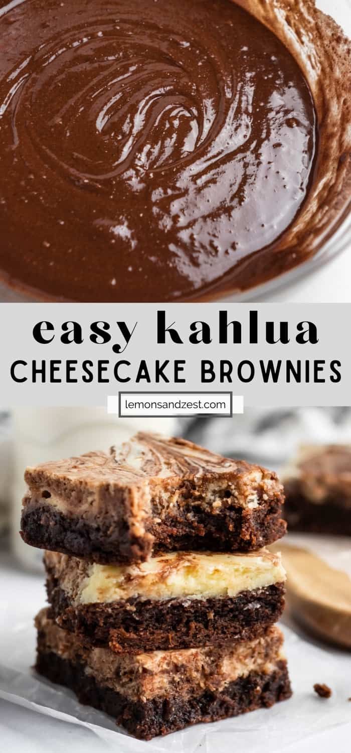 chocolate cake brownies stacked on top of each other with the words easy kahlua cheesecake brownies