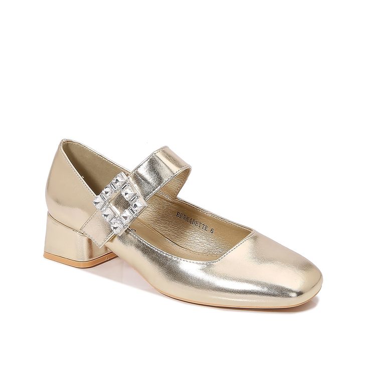 BERNESS-Bernadette Mary Jane Loafer Charming appeal starts with the Bernadette loafer from Berness. Featuring a trendy squared off toe and a jeweled buckle on the Mary Jane strap for a pop of sparkle. Evening Mary Janes With Buckle Closure, Chic Mary Janes For Party, Medium Width, Evening Mary Janes With Buckle Closure, Closed Toe, Formal Mary Janes With 4-inch Heel, Medium Width, Gold Mary Janes, Mary Janes, Customer Service, Gold Metal, Loafers