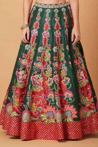 Green and red attached cancan lehenga with all over acanthus blossom embroidery using multi thread, tonal sequins, crystals, cut dana, beads highlights. Paired with a wide V neck padded blouse with bloom gardenia embroidery and sequin embellished scallop border net maroon dupatta. - Aza Fashions Festive Gown With Motifs, Green Lehenga With Motifs For Transitional Season, Festive Multicolor Gown With Floral Embroidery, Festive Multicolor Floral Embroidered Gown, Maroon Dupatta, Wide V Neck, Blossom Embroidery, Sequins Blouse, Cancan Lehenga