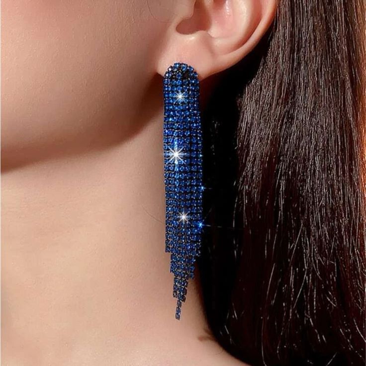 Super Cute And Stylish Ships In 5-10 Business Days Navy Blue Jewelry, Dark Blue Earrings, Navy Blue Earrings, Shiny Earrings, Glass Drop Earrings, Mermaid Sequin, Prom Earrings, Piercing Ideas, Tassel Drop Earrings