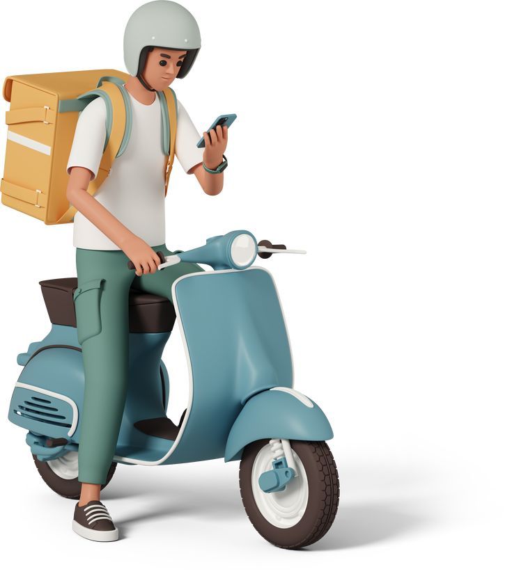 a man with a box on his back is riding a moped and looking at his cell phone