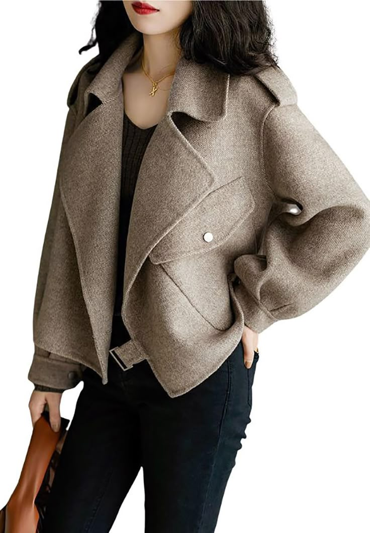 PRICES MAY VARY. 【PREMIUM FABRIC】The wool coats for women is made of oft and skin-friendly fabric, not too thin, lightweight and breathable, providing you a pleasant wearing experience. The best choice for cold autumn and winter. 【STYLISH DESIGN】The womens cropped pea coat features notched collar, long-sleeved, drop shoulder, open-front, one side pockets, loose fit, solid color, crop length, oversized style make this womens short wool coat flattering and stylish. This notched lapel peacoat is pe Trench Coat Fall, Fall Winter Coat, Short Trench Coat, Overcoat Jacket, Blazer Jackets For Women, Wool Coat Women, Woolen Coat, Winter Jackets Women, Short Coat