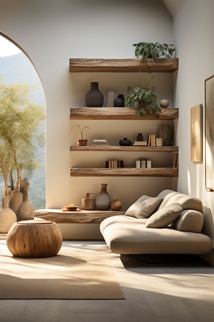 a living room filled with lots of furniture next to a wall covered in bookshelves