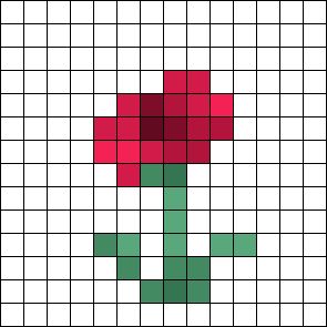 a cross stitch pattern with a red flower on it's center and green stems in the middle