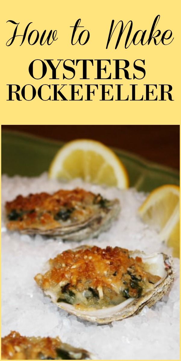 oysters on ice with lemon wedges and text overlay how to make oysters rockefeller