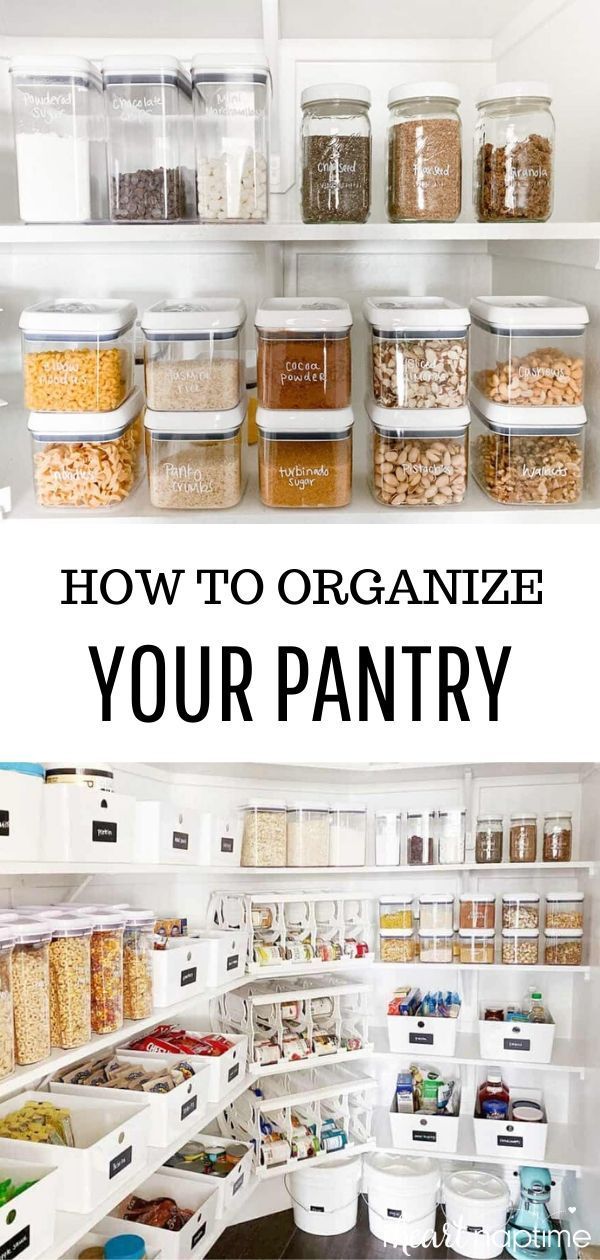 an organized pantry with plastic containers and bins filled with food, including rice, cereal,