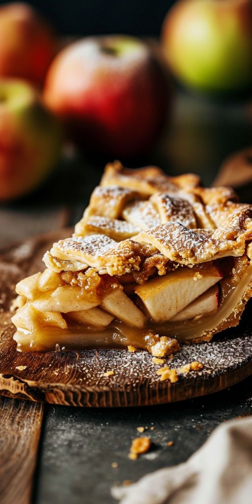 a piece of apple pie on top of a wooden cutting board