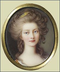 a portrait of a woman with curly hair in a gold frame on a gray background