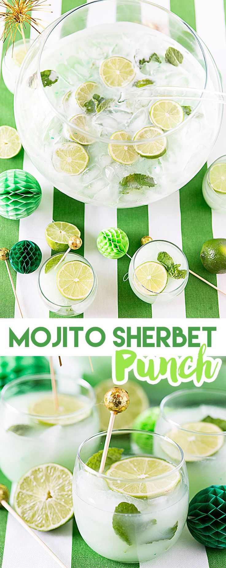 mojito sherbet punch recipe with limes and mints in glasses