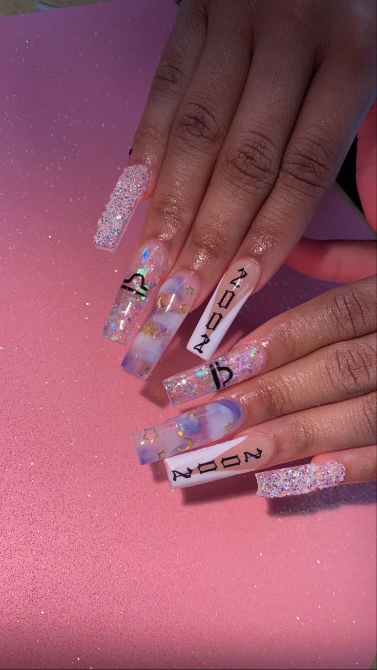 your nail tech, brit on Twitter: "Libra SZN💕✨♎️… " 21 Birthday Nails Acrylic Long, 20 Birthday Nails Designs, 21st Birthday Acrylic Nails, 21 Birthday Nails Acrylic, Libra Acrylic Nails, Long Birthday Nails Inspiration, 2002 Nails, 21 Nails Birthday, Libra Birthday Nails Design