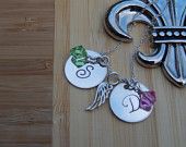 Hand Stamped Sterling Silver Initial Necklace with Birthstones and Angel Wing Mothers Jewelry, Sterling Silver Initial Necklace, Silver Initial Necklace, Mother Jewelry, Sterling Silver Initial, Mothers Necklace, Personalized Necklace, Initial Necklace, Personalized Jewelry