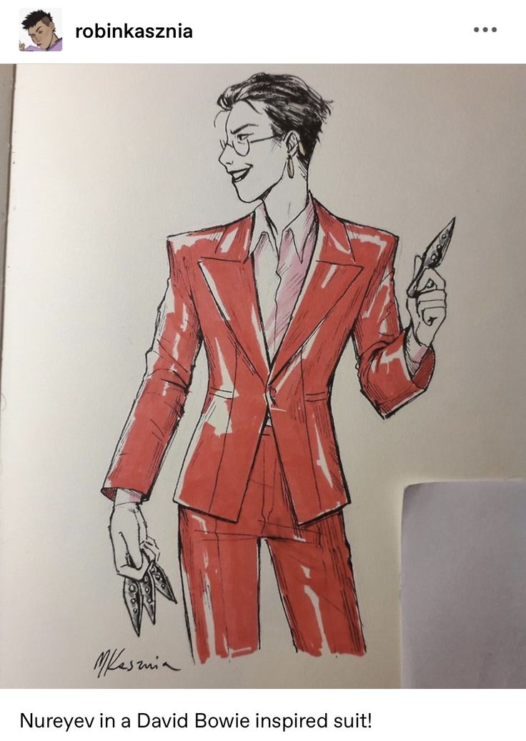 a drawing of a man in a red suit and tie holding a pair of scissors