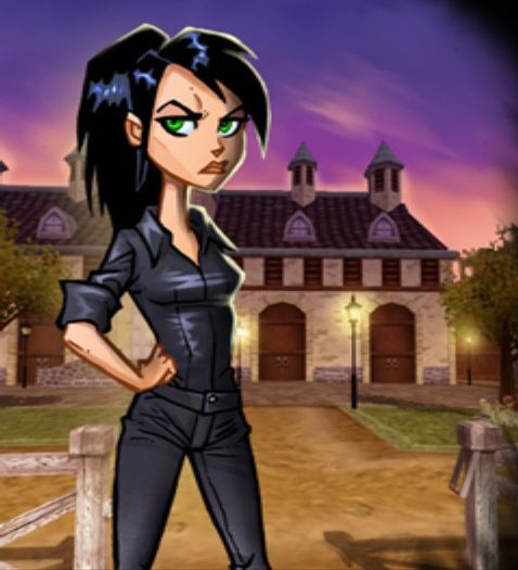 an animated woman standing in front of a building at night with her hands on her hips