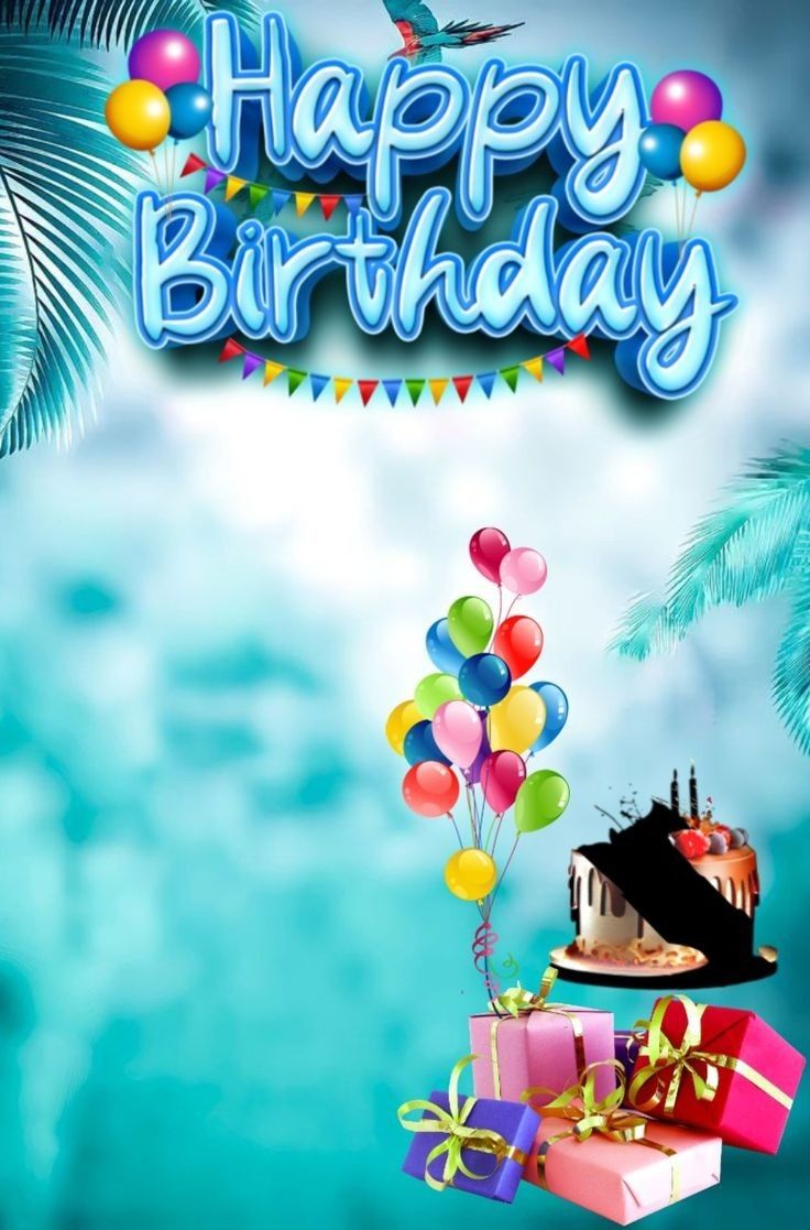 a birthday card with presents and balloons in the air, on a blue sky background