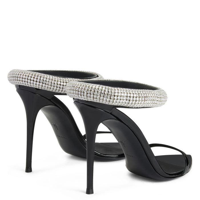 INTRIIGO GALASSIA Mule Sandals, Open Toe Sandals, Leather Silver, Back Strap, Black Patent Leather, Stiletto Heel, Giuseppe Zanotti, Mule, Crystal Rhinestone