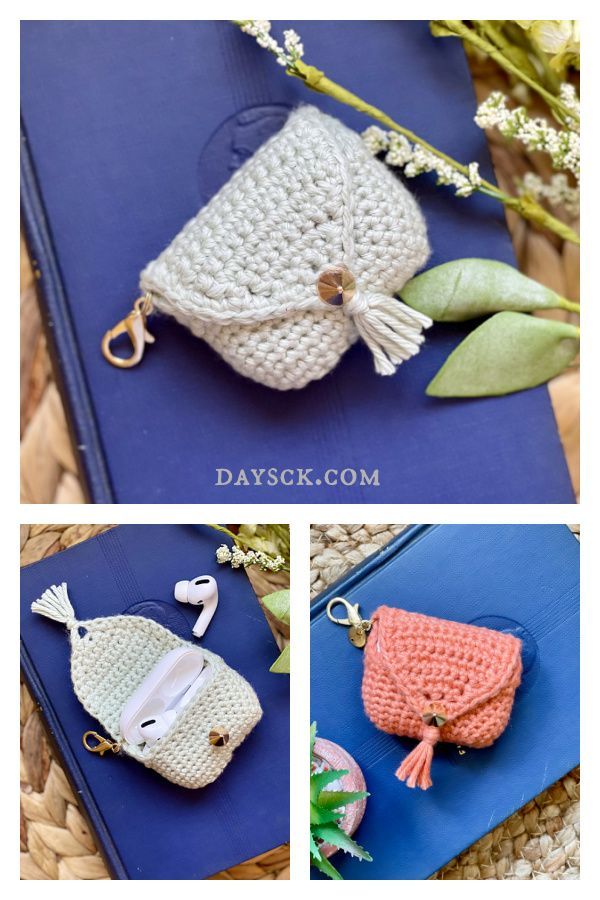 crocheted purses and keychains are shown in three different pictures, one is