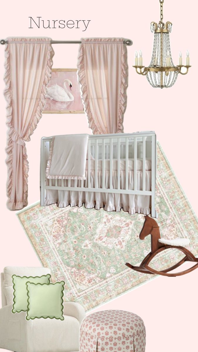 a baby's nursery with pink and green accents, including a rocking horse bed