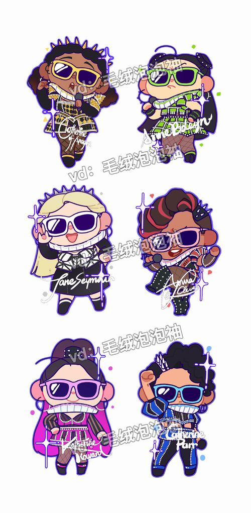 six cartoon stickers with different styles of people wearing sunglasses and hats, all in various colors