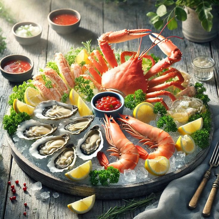 lobsters, oysters, and broccoli are arranged on a platter