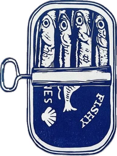 a blue and white drawing of fish in a container with the words fishy on it