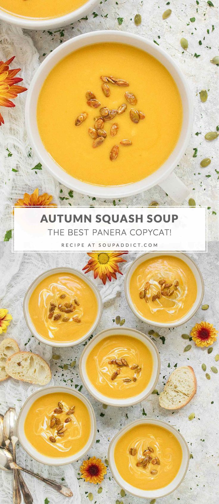 four bowls filled with pumpkin soup on top of a table