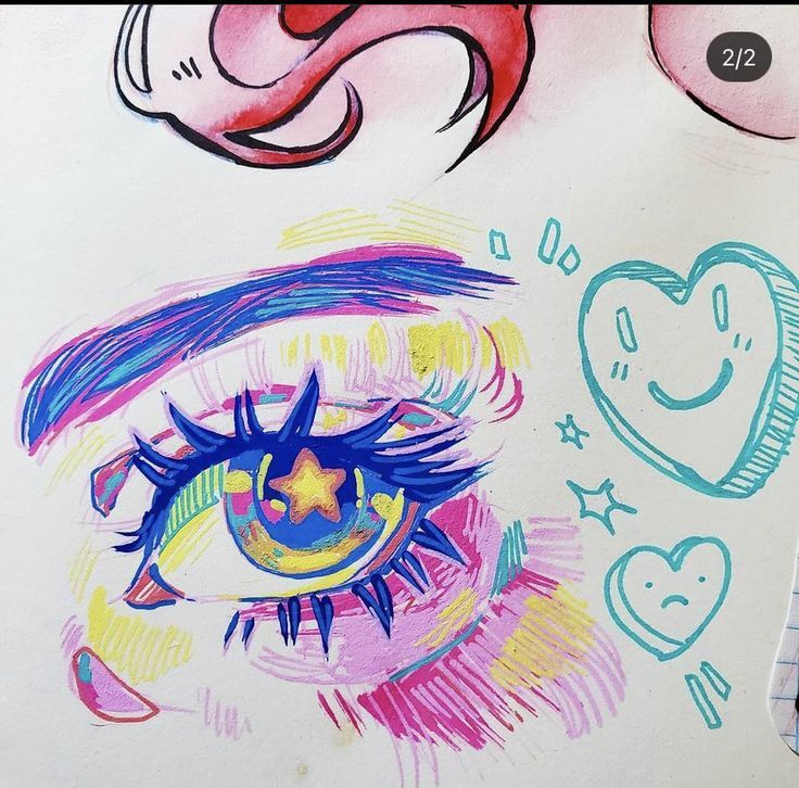 a drawing of an eye with hearts and stars