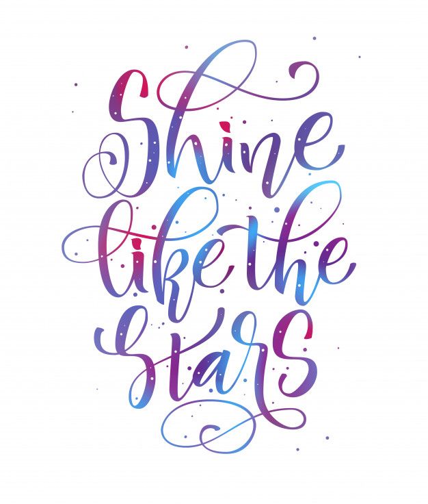 the phrase shine like the stars in purple and blue ink on a white paper background