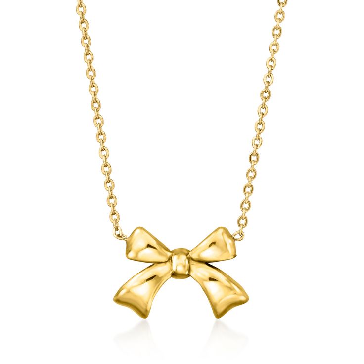 Ross-Simons - 14kt Yellow Gold Bow Necklace. 16". RS Pure. Modern designs that complete your outfit and complement your personality. Pretty and petite, our handcrafted 14kt yellow gold bow necklace is a dainty take on the big trend! Cable chain includes a 2" extender. Lobster clasp, 14kt yellow gold bow necklace. Jewelry Presentation, Bow Necklace, Jewelry Essentials, Necklace Necklace, Fine Jewellery Necklace, Cable Chain, Top Rated, Lobster Clasp, Ebay Store