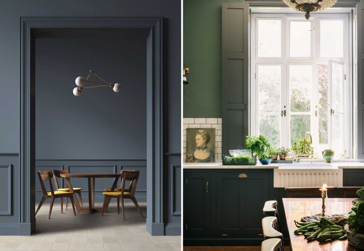 two pictures of the same kitchen and dining room, one with green paint on the walls