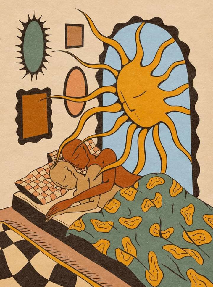 a drawing of a woman laying in bed with the sun above her head on top