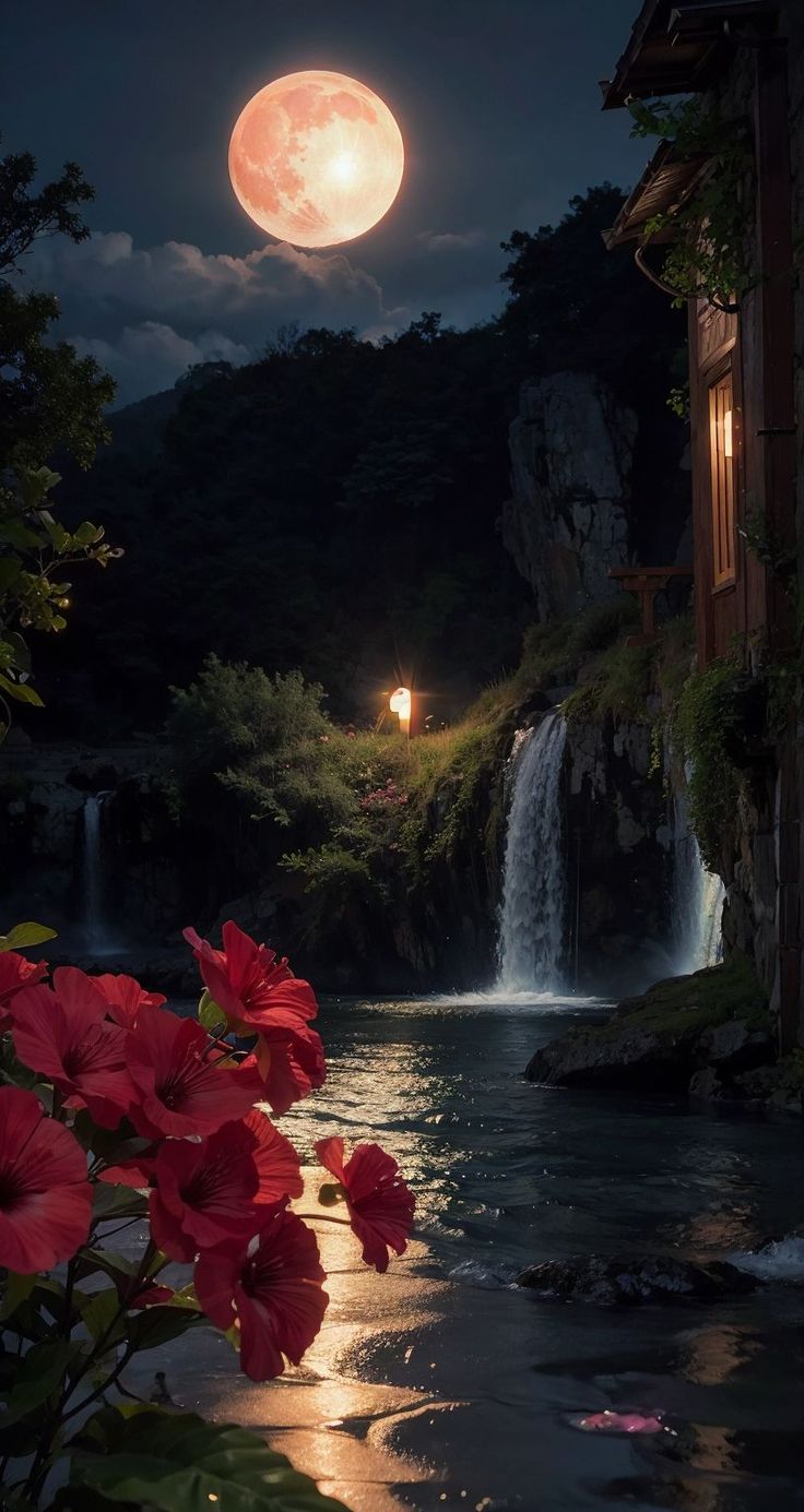 the full moon shines brightly over a waterfall and red flowers in front of it