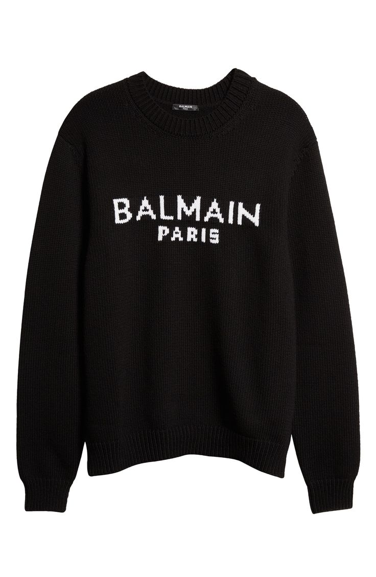 Chunky merino wool lends elevated softness to a Balmain-branded sweater knit with dropped shoulders and widely ribbed trim. 28" length (size Medium) Crewneck Long sleeves Dropped shoulders Ribbed cuffs and hem 76% merino wool, 24% polyamide Hand wash, dry flat Made in Italy Men's Designer Clothing Balmain Men, Bold Logo, Balmain Paris, Denim Shoes, Block Lettering, Designer Clothes For Men, Wool Blend Sweater, Sweater Knit, French Fashion