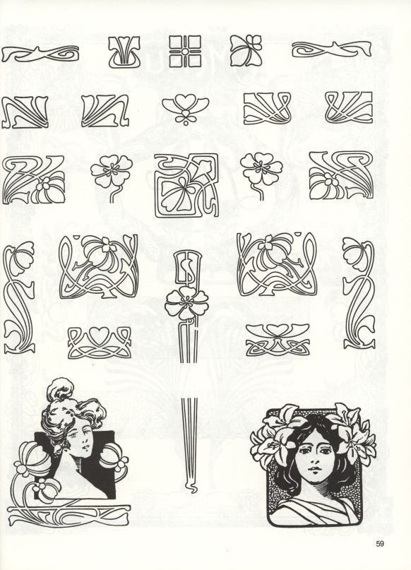 an image of art nouveau designs in black and white on a sheet of paper,