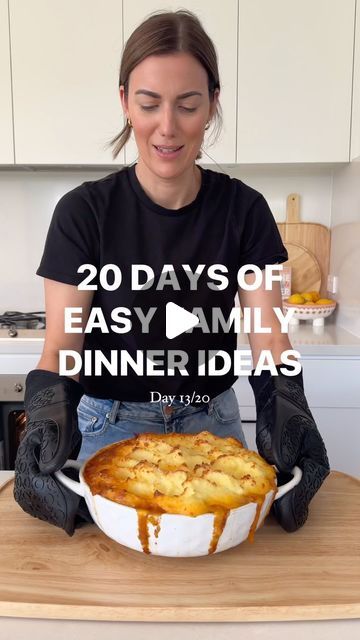 a woman sitting in front of a pie on top of a wooden table with the words 20 days of easy family dinner ideas