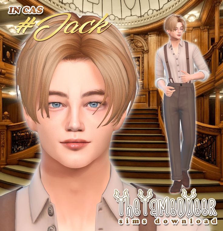 an animated image of a man with blonde hair and blue eyes standing in front of a staircase