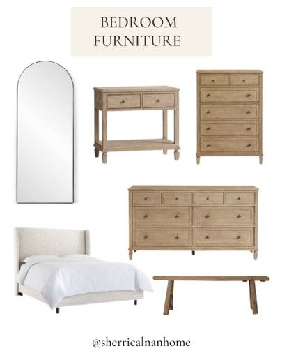 the bedroom furniture is shown with white linens and neutral wood accents, including a bed, dresser, mirror, and bench