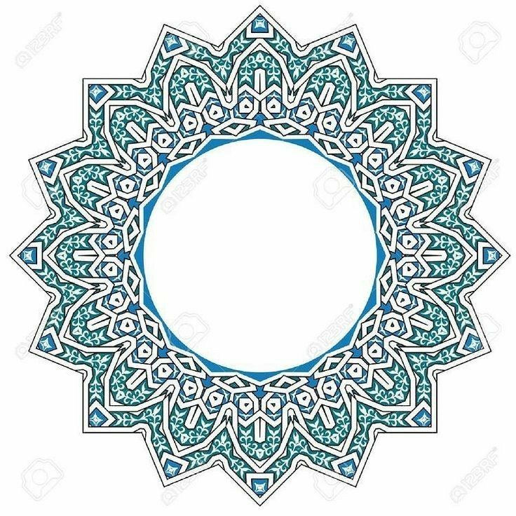 an intricate blue and white pattern with a round frame in the center on a white background