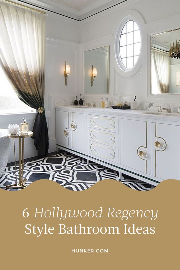 a bathroom with black and white flooring and gold accents on the walls, along with an oval window