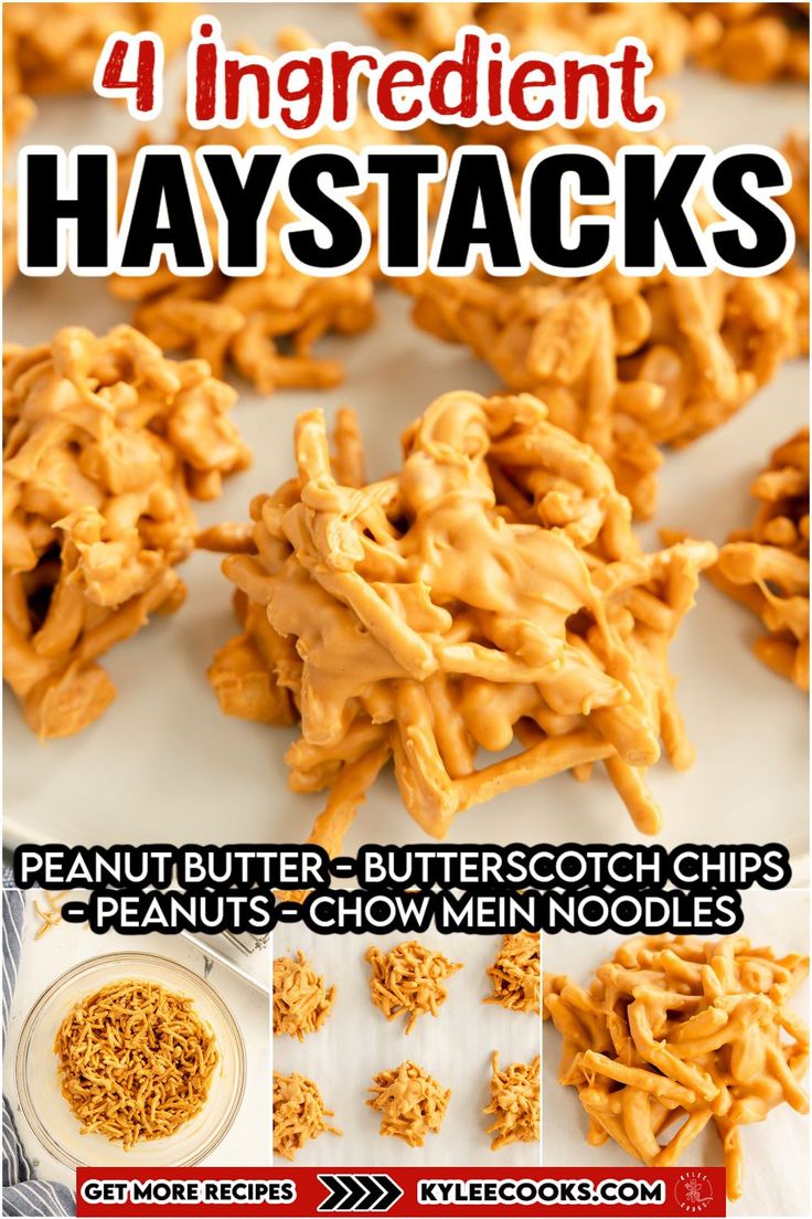 four ingredient haystacks with peanut butter, butterscotch chips and peanuts