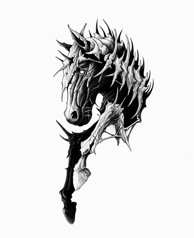 a black and white drawing of a dragon head with spikes on it's back