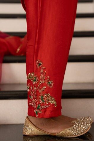 Red kurta with zardosi embroidered bootas. Paired with a pant and dupatta with sequin work. - Aza Fashions Fitted Red Churidar With Gota Work, Traditional Designer Pants With Gota Work, Chanderi Pants For Wedding And Eid, Churidar For Reception And Festivals, Traditional Silk Pants For Festivals, Unstitched Bottoms With Zari Work For Wedding, Traditional Designer Pants For Navratri, Fitted Red Palazzo Set With Gota Work, Bollywood Style Wedding Bottoms With Resham Embroidery