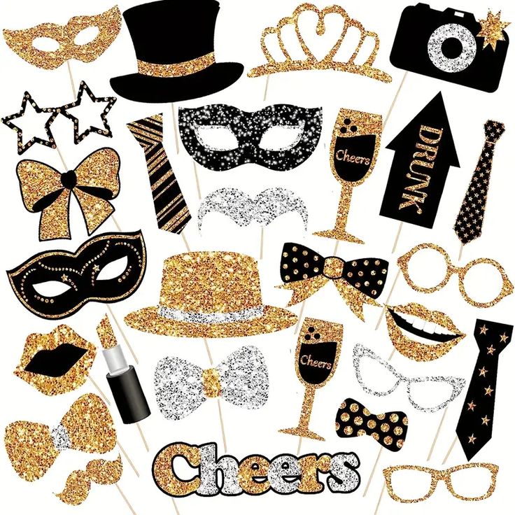 gold glitter photo booth props with black and white hats, bow ties, masks and glasses