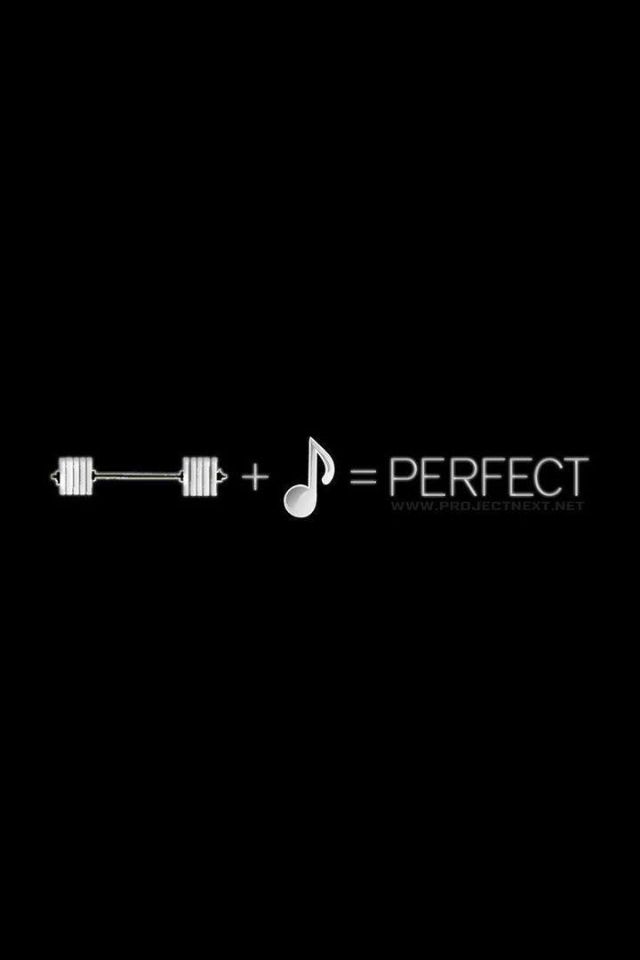 the word perfect is written in white on a black background with music notes and a barbell