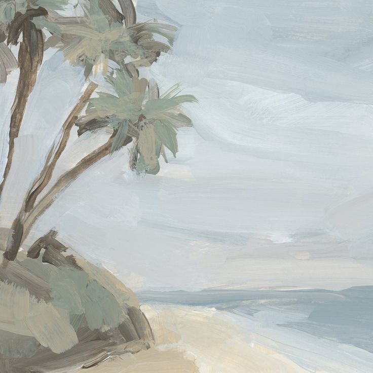 a painting of two palm trees on the beach